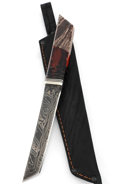Нож Танто малый 9ХС ламинированная дамаск с никелем, рукоять комбинированная шишка в акриле+кап клена 