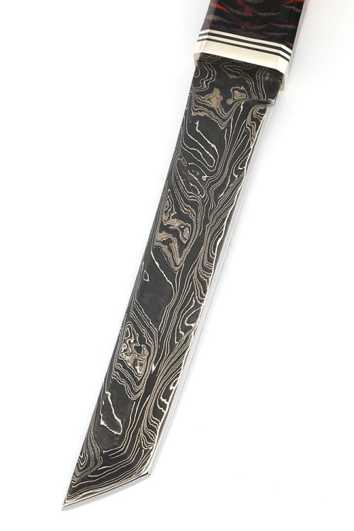 Нож Танто малый 9ХС ламинированная дамаск с никелем, рукоять комбинированная шишка в акриле+кап клена 