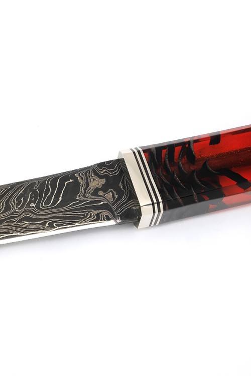 Нож Танто малый 9ХС ламинированная дамаск с никелем, рукоять комбинированная шишка в акриле+кап клена 