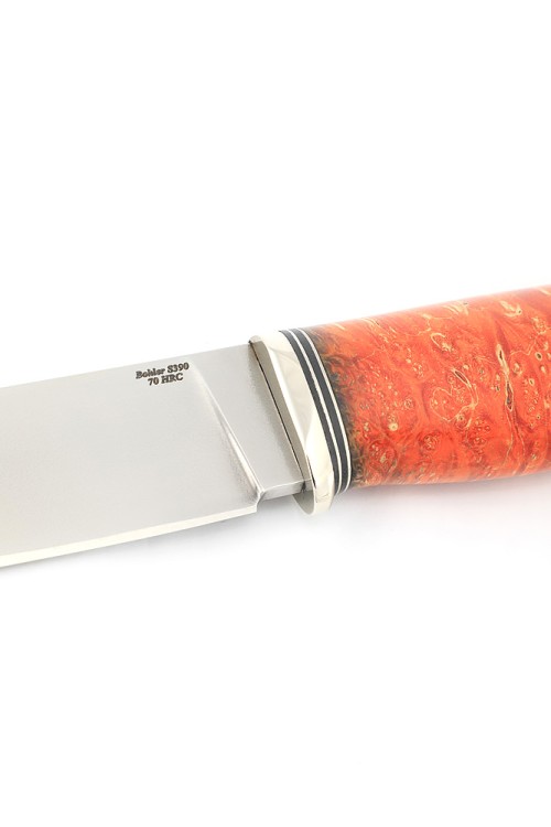 Нож Буран сталь S390 рукоять низельбер, кап клена оранжевый 