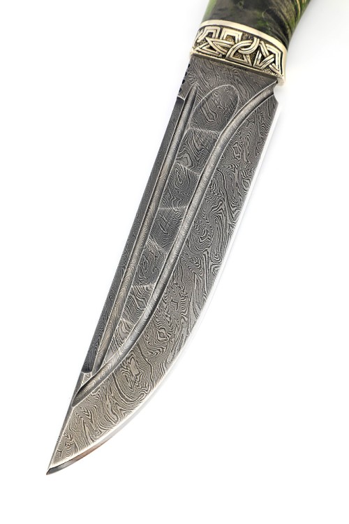 Нож Стрела дамаск долы-камень рукоять мельхиор, кап клена зеленый 