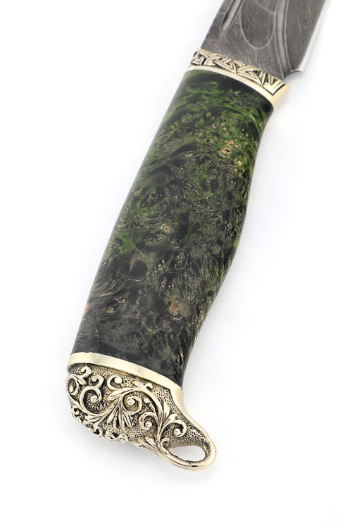 Нож Стрела дамаск долы-камень рукоять мельхиор, кап клена зеленый 