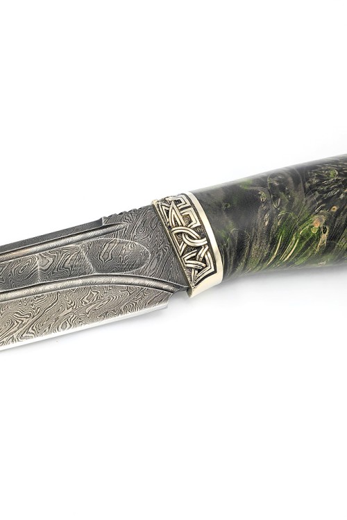 Нож Стрела дамаск долы-камень рукоять мельхиор, кап клена зеленый 