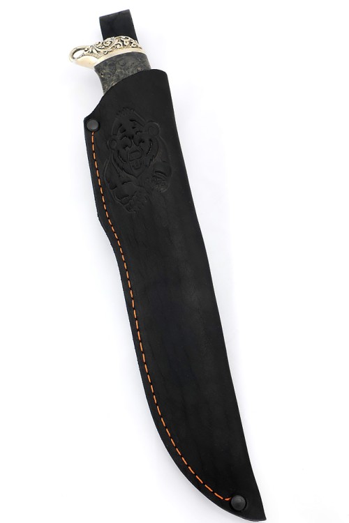 Нож Стрела дамаск долы-камень рукоять мельхиор, кап клена зеленый 