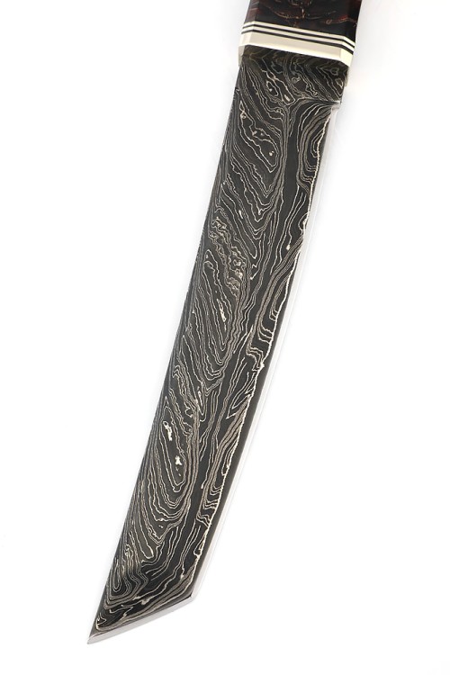 Нож Танто большой 9ХС ламинированная дамаск с никелем, рукоять комбинированная шишка в акриле+кап клена 