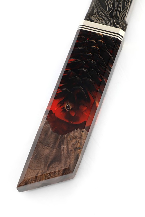 Нож Танто большой 9ХС ламинированная дамаск с никелем, рукоять комбинированная шишка в акриле+кап клена 