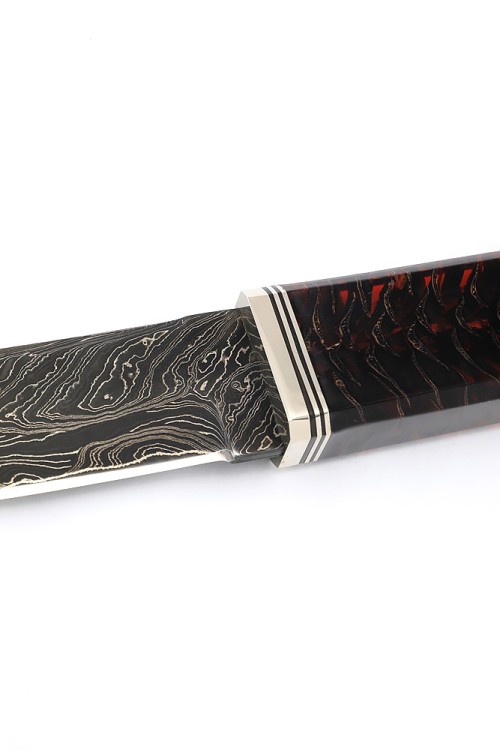 Нож Танто большой 9ХС ламинированная дамаск с никелем, рукоять комбинированная шишка в акриле+кап клена 