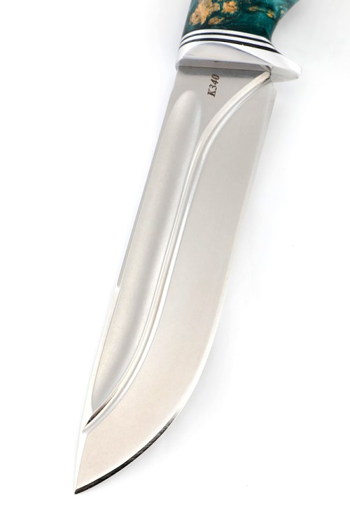 Нож Охотничий сталь К340-долы, рукоять кап клена синий 