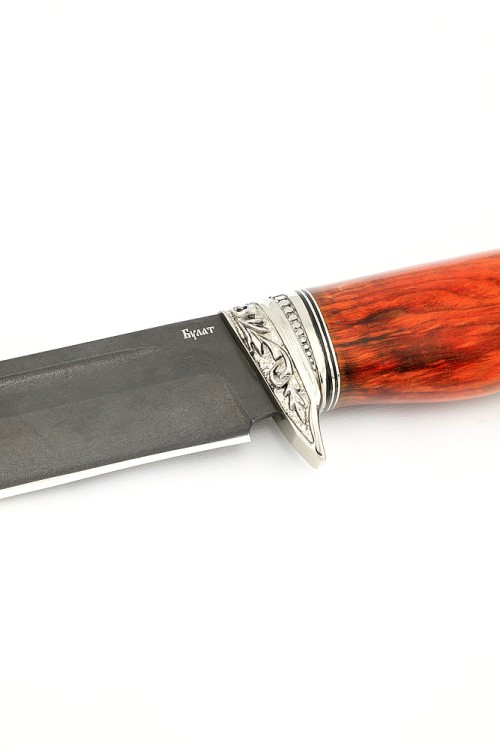 Нож Лось сталь булат рукоять мельхиор, карельская береза красная 