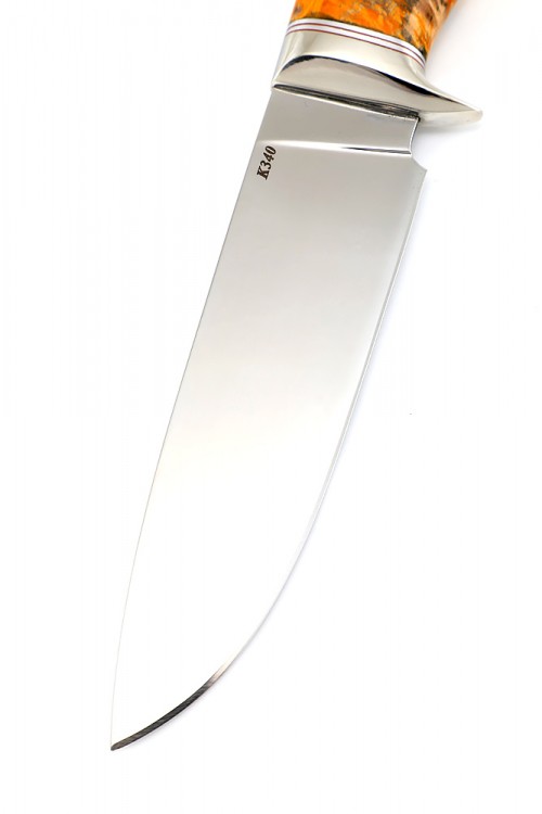 Нож Беркут сталь К340 рукоять мельхиор, кап клена оранжевый 