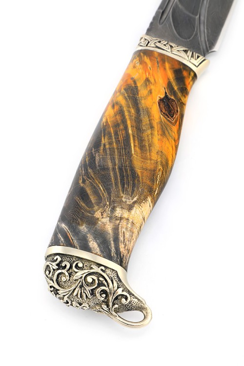 Нож Стрела дамаск долы-камень рукоять мельхиор, кап клена янтарный 