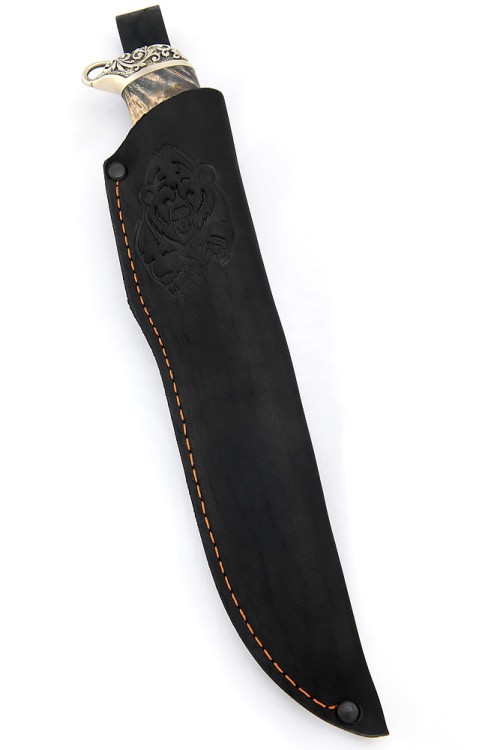 Нож Стрела дамаск долы-камень рукоять мельхиор, кап клена янтарный 