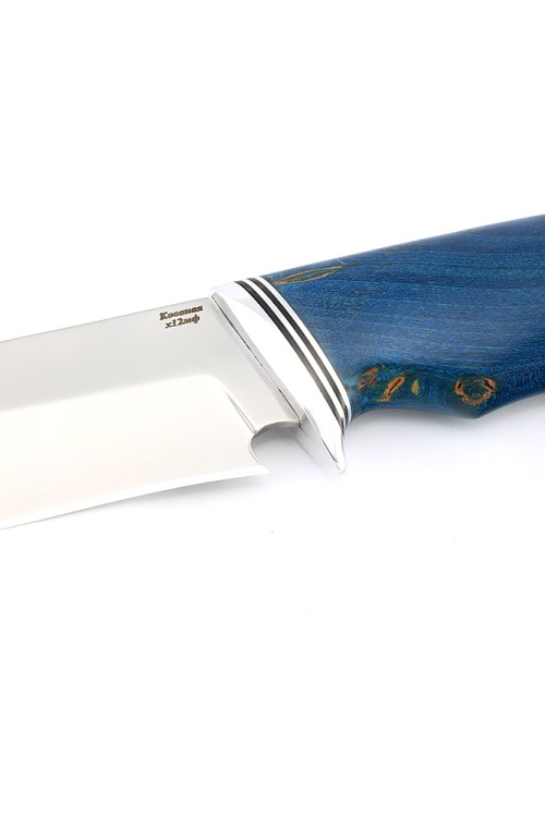 Нож Гепард сталь кованая Х12МФ рукоять карельская береза синяя  Нож Гепард сталь кованая Х12МФ рукоять карельская береза синяя