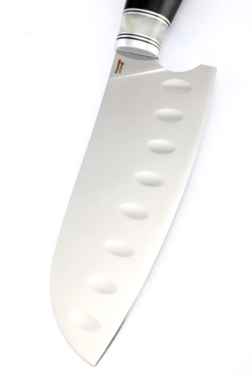 Кухонный нож Сантоку средний (широкий) кованая сталь Х12МФ рукоять вставка акрил белый черный граб 