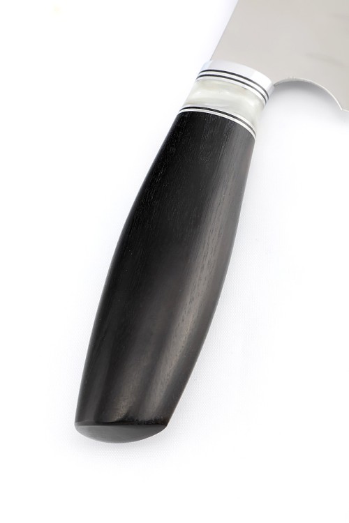 Кухонный нож Сантоку средний (широкий) кованая сталь Х12МФ рукоять вставка акрил белый черный граб 