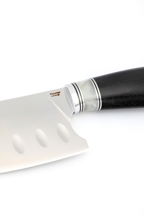 Кухонный нож Сантоку средний (широкий) кованая сталь Х12МФ рукоять вставка акрил белый черный граб 