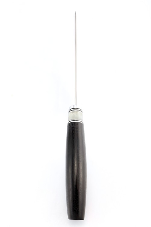 Кухонный нож Сантоку средний (широкий) кованая сталь Х12МФ рукоять вставка акрил белый черный граб 