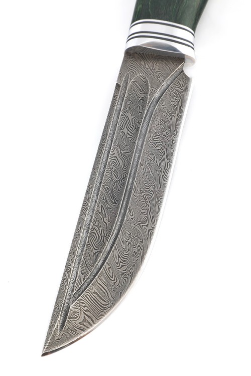 Нож Берсерк сталь дамаск-долы рукоять ясень стабилизированный зеленый ФОРМОВАННЫЕ НОЖНЫ 