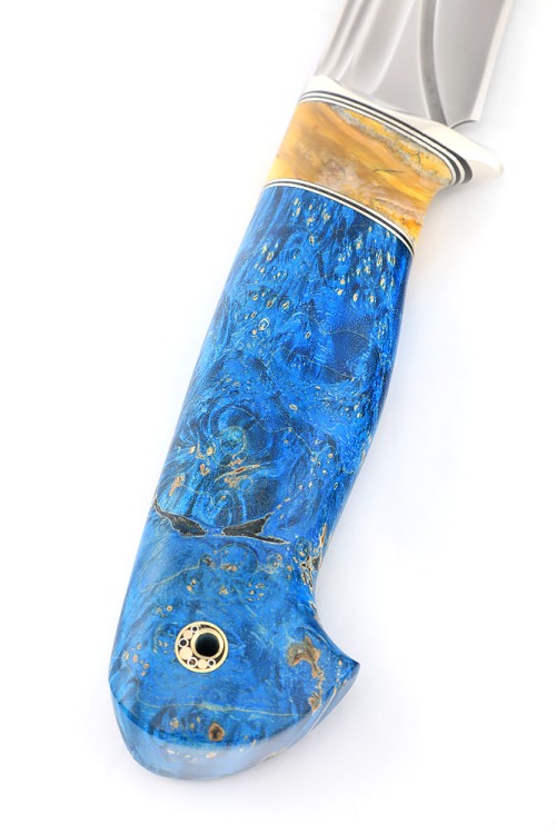 Нож Лось сталь Elmax фигурные долы рукоять мельхиор зуб мамонта кап клена синий 