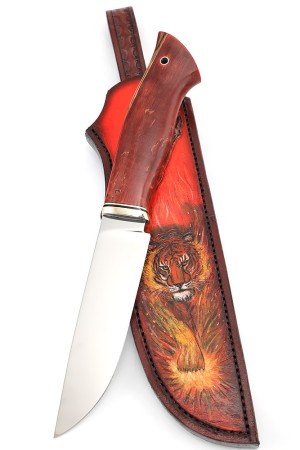 Нож Лесник сталь К340 рукоять мельхиор, карельская береза красная, формованные ножны