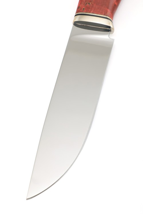 Нож Лесник сталь К340 рукоять мельхиор, карельская береза красная, формованные ножны 