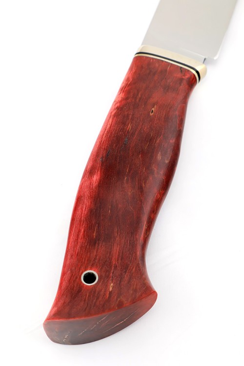 Нож Лесник сталь К340 рукоять мельхиор, карельская береза красная, формованные ножны 