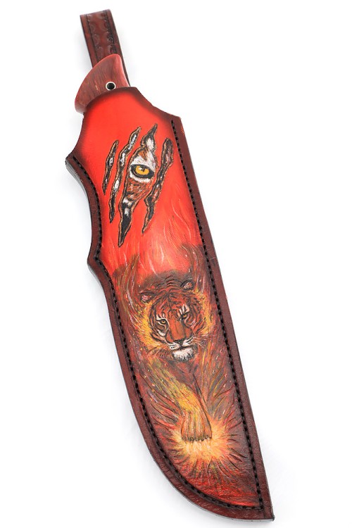 Нож Лесник сталь К340 рукоять мельхиор, карельская береза красная, формованные ножны 