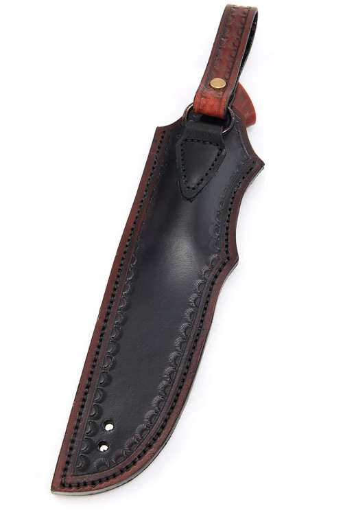 Нож Лесник сталь К340 рукоять мельхиор, карельская береза красная, формованные ножны 