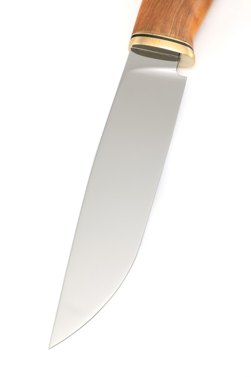 Нож Лесник-2 сталь К340 рукоять латунь, карельская береза янтарная, формованные ножны 