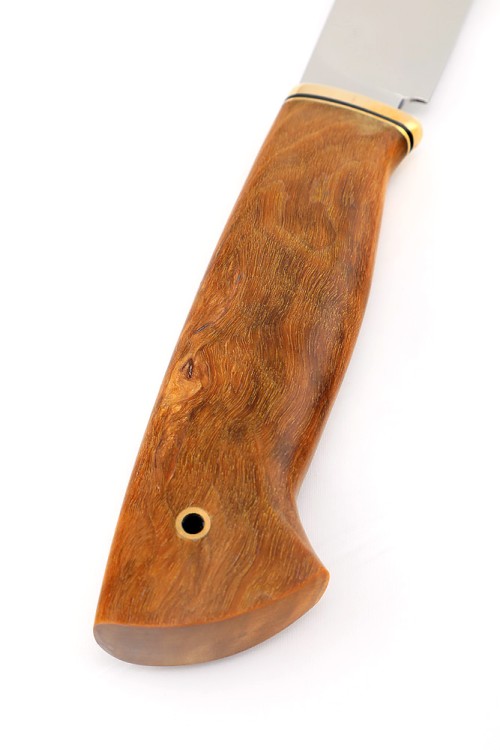 Нож Лесник-2 сталь К340 рукоять латунь, карельская береза янтарная, формованные ножны 