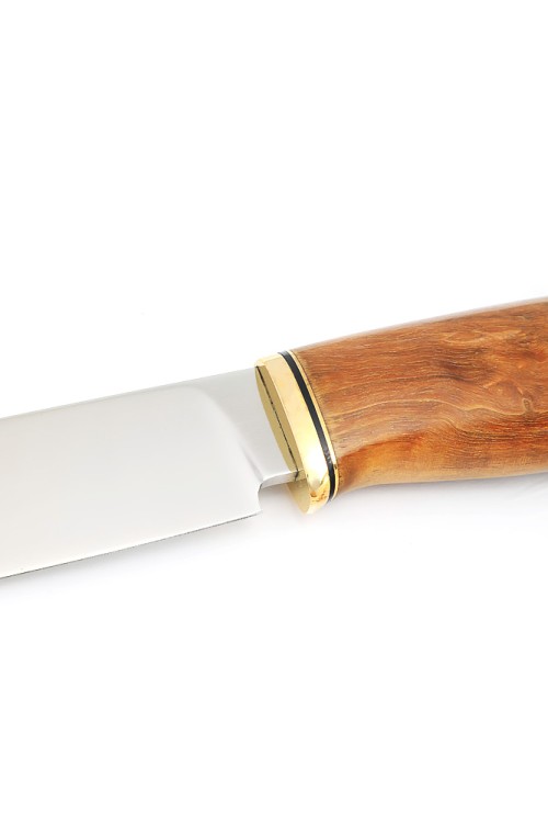 Нож Лесник-2 сталь К340 рукоять латунь, карельская береза янтарная, формованные ножны 