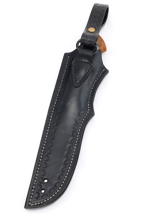 Нож Лесник-2 сталь К340 рукоять латунь, карельская береза янтарная, формованные ножны 