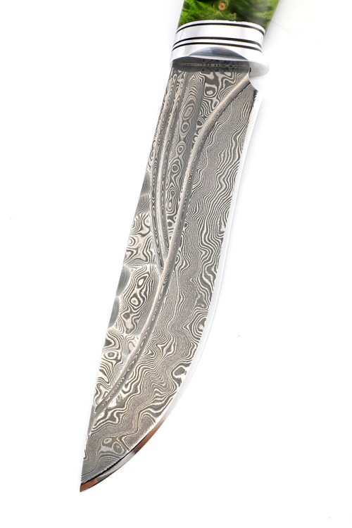 Нож Лось сталь дамаск нержавеющий, фигурные долы, рукоять кап клена зеленый 
