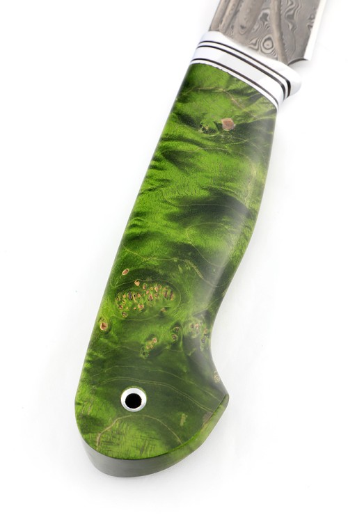 Нож Лось сталь дамаск нержавеющий, фигурные долы, рукоять кап клена зеленый 