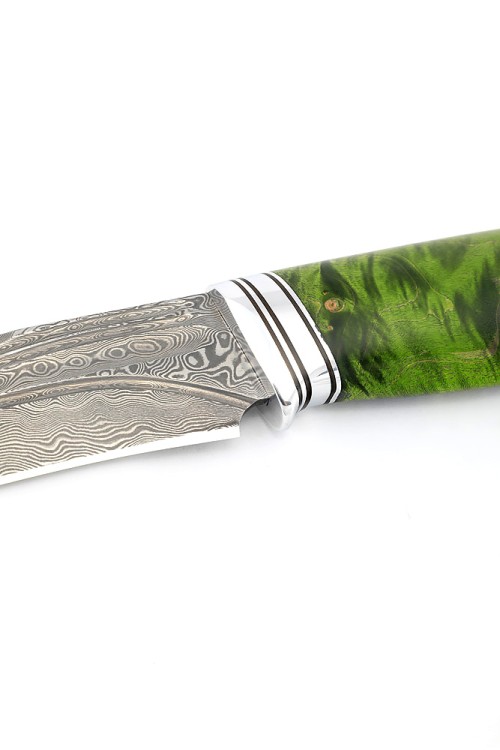 Нож Лось сталь дамаск нержавеющий, фигурные долы, рукоять кап клена зеленый 