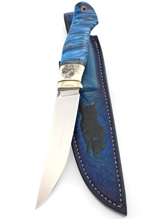 Нож Разделочный сталь S390 рукоять низельбер, вставка клык моржа (скримшоу) кап клена синий ФОРМОВАННЫЕ НОЖНЫ