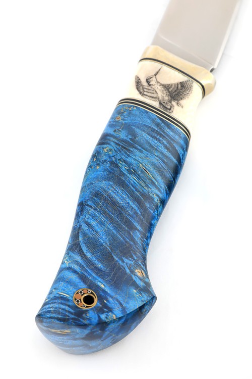 Нож Разделочный сталь S390 рукоять низельбер, вставка клык моржа (скримшоу) кап клена синий ФОРМОВАННЫЕ НОЖНЫ 