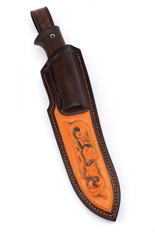 Нож Скиннер кованая сталь х12мф рукоять термоциклированный ясень и черный граб формованные ножны 