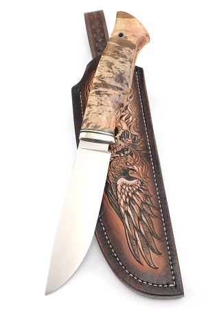 Нож Лесник сталь К340 рукоять мельхиор, кап клена коричневый, формованные ножны