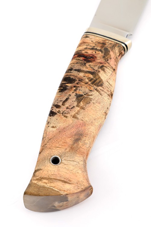 Нож Лесник сталь К340 рукоять мельхиор, кап клена коричневый, формованные ножны  Нож Лесник сталь К340 рукоять мельхиор, кап клена коричневый, формованные ножны