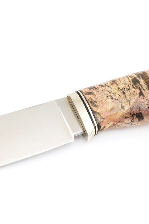 Нож Лесник сталь К340 рукоять мельхиор, кап клена коричневый, формованные ножны  Нож Лесник сталь К340 рукоять мельхиор, кап клена коричневый, формованные ножны