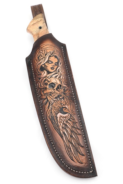 Нож Лесник сталь К340 рукоять мельхиор, кап клена коричневый, формованные ножны  Нож Лесник сталь К340 рукоять мельхиор, кап клена коричневый, формованные ножны