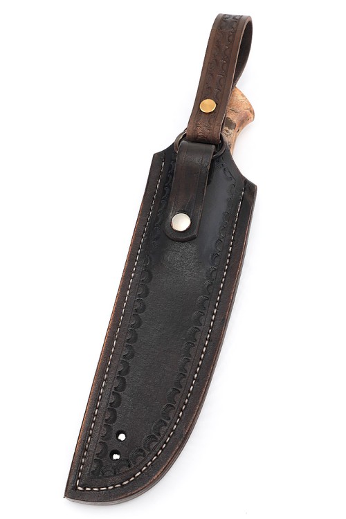 Нож Лесник сталь К340 рукоять мельхиор, кап клена коричневый, формованные ножны  Нож Лесник сталь К340 рукоять мельхиор, кап клена коричневый, формованные ножны