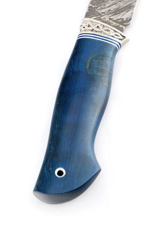 Нож Хантер сталь D2 рукоять стабилизированная карельская береза синяя гарда мельхиор 