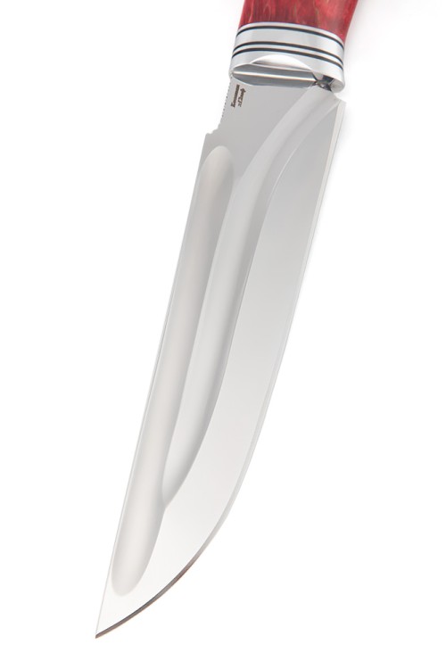 Нож Бурлак сталь кованая Х12МФ долы, рукоять карельская береза красная 