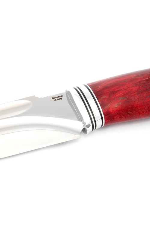 Нож Бурлак сталь кованая Х12МФ долы, рукоять карельская береза красная 