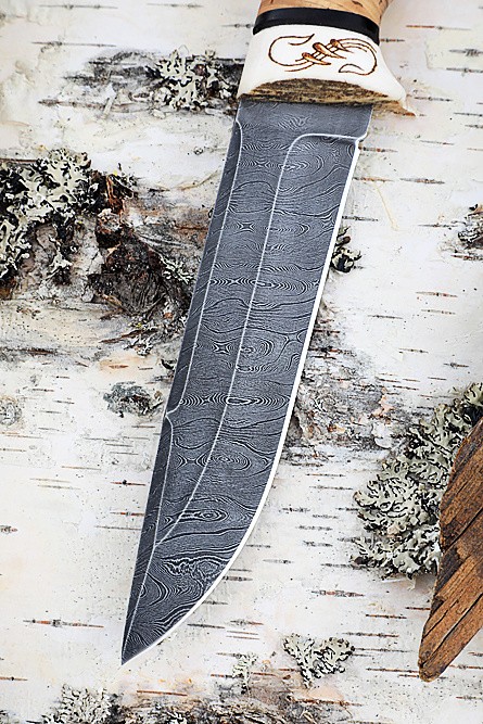 Нож Легион, дамаск, рог лося и береста 