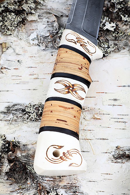 Нож Легион, дамаск, рог лося и береста 