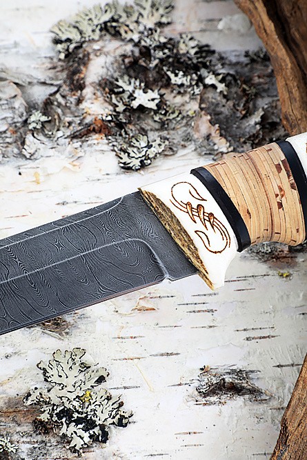 Нож Легион, дамаск, рог лося и береста 