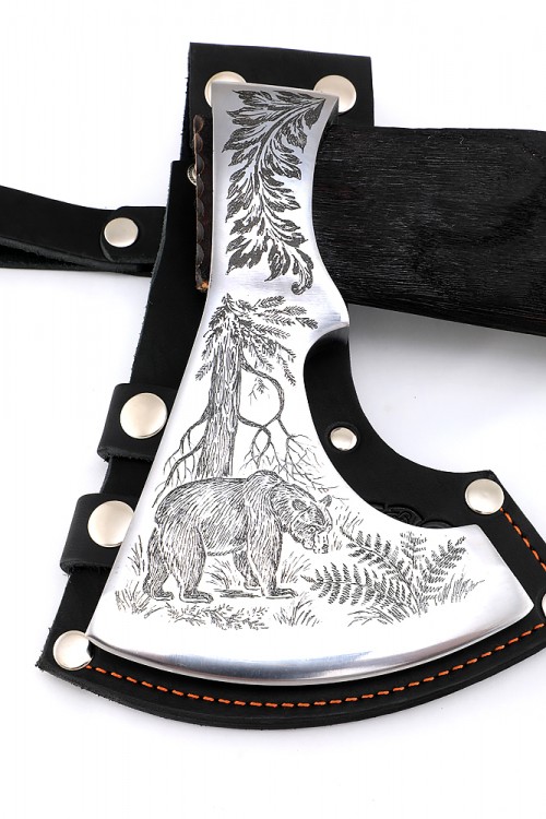 Топор Путник (композитный сплав У10+ХВГ, художественная гравировка, рукоять искусственно состаренный ясень, тонировка, кожа) 
